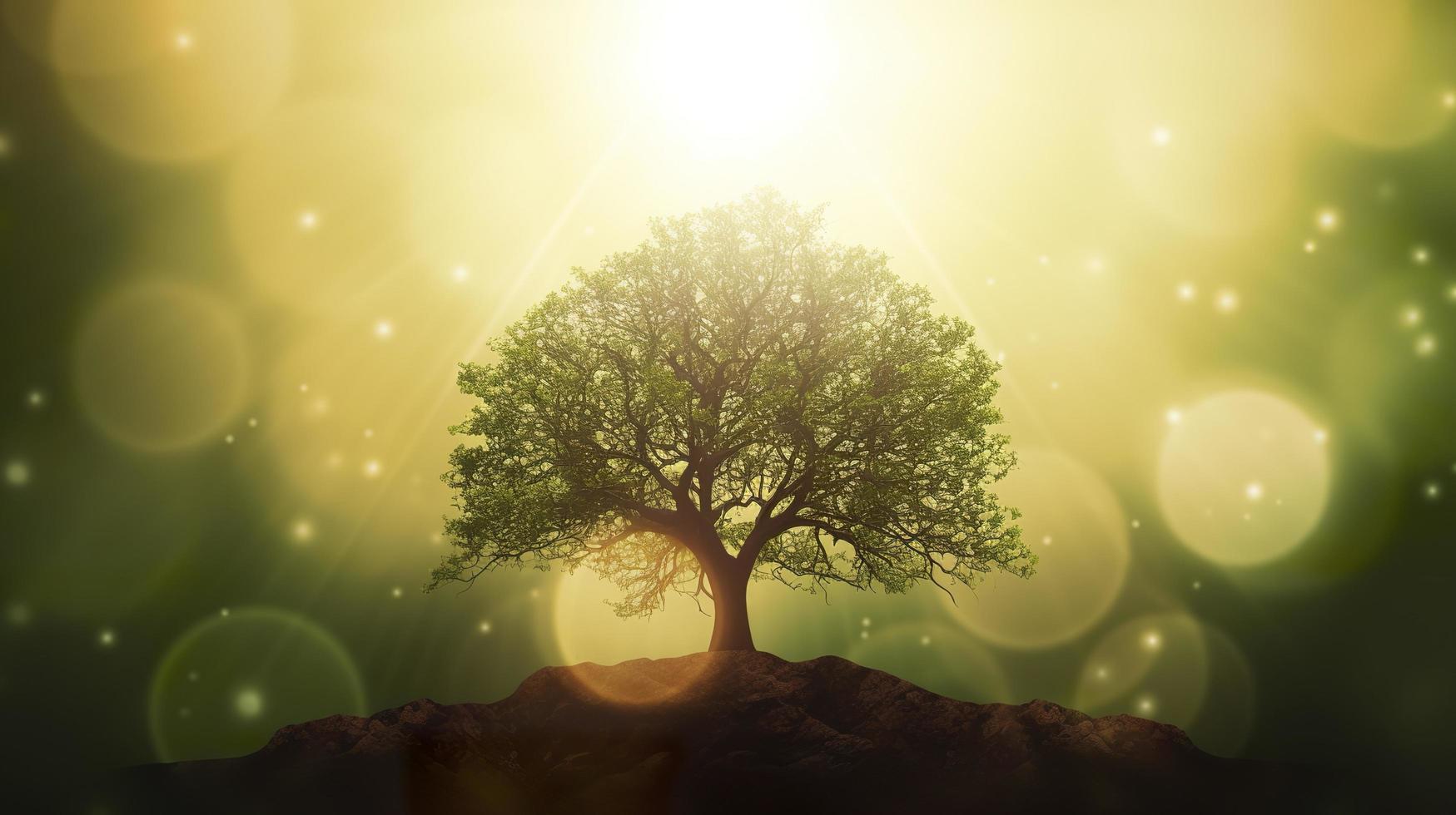 Free photo 3d background of the sun shining onto a tree against a bokeh background, generat ai