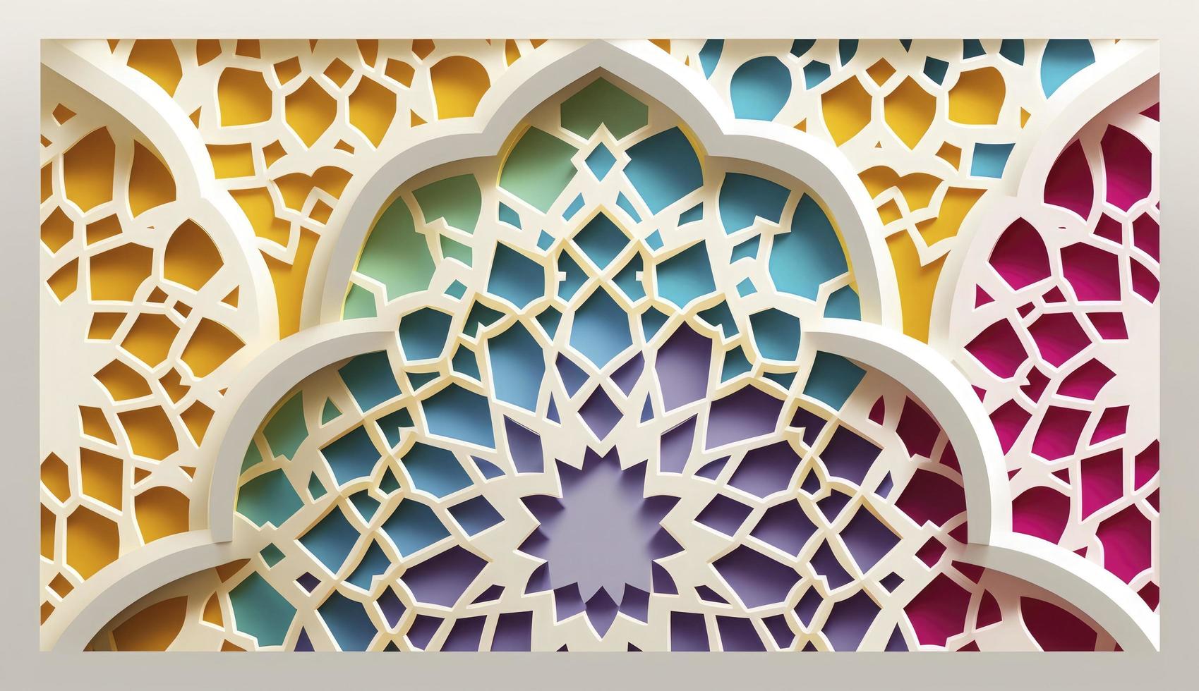 Close-up of colorful ornamental arabic tiles, patterns through white mosque window. Greeting card, invitation for Muslim holiday Ramadan Kareem. Vector illustration bacground, modern web banner photo