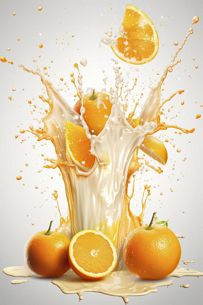 Orange and milk poster, several oranges, splashes of milk, Generate Ai photo