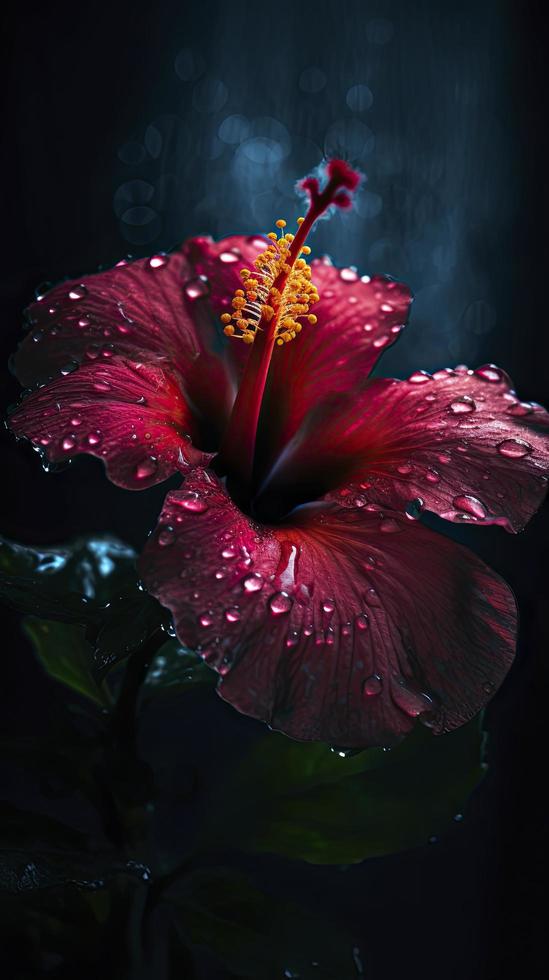 hibiscus flower with water drops with random background, sun rise, Generate Ai photo