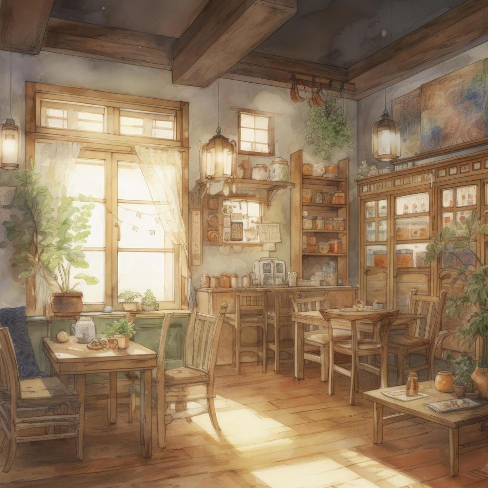 light watercolor, interior of a cozy cafe on white background, Generate Ai photo