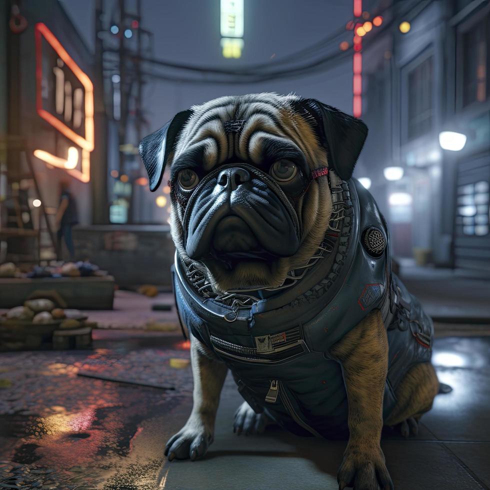 Realistic lifelike pug doggy doggy pup in high end cyberpunk cyber high tech futurist armour outfit, generat ai photo