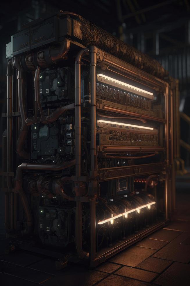 hyperrealistic photo of steampunk crypto mining server, ultra details, dramatic lighting, octane render, ultra quality, 16k, generat ai