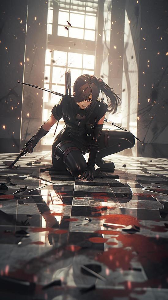 a realistic shot of a beautiful and terrifying female deathstrike posing on floor bloodfilled, generat ai photo