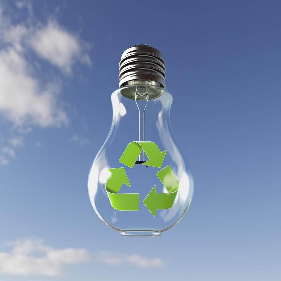 Glass bulb suspended in the air with a blue sky in the background and a green recycling symbol inside it. 3d render, generat ai photo