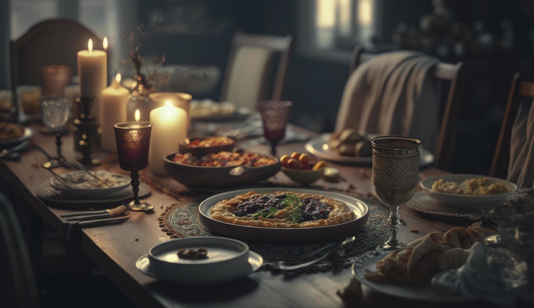 Ramadan Iftar food, Iftar meals and gatherings, Ramadan iftar Eid. Muslim family has dinner at home. Table with traditional food. Eid al-Fitr celebrations, Generate Ai photo