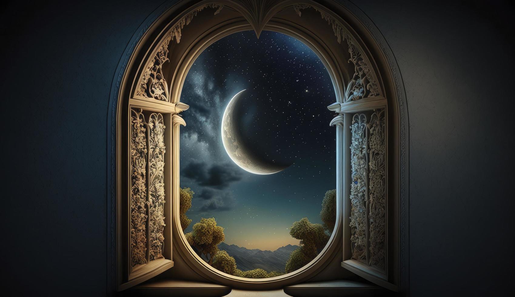 Mystical window with crescent moon in night sky, Islamic greeting Eid Mubarak for Muslim Holidays. Eid-Ul-Adha festival celebration. Arabic Ramadan Kareem, Generate Ai photo