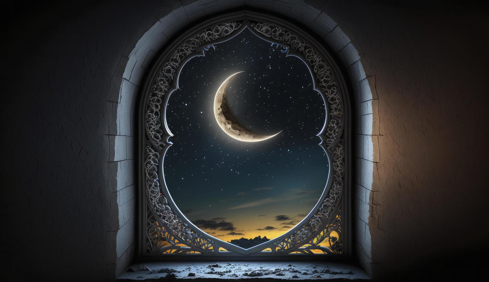 místico ventana con creciente Luna en noche cielo, islámico saludo eid Mubarak para musulmán vacaciones. eid-ul-adha festival celebracion. Arábica Ramadán Kareem, generar ai foto