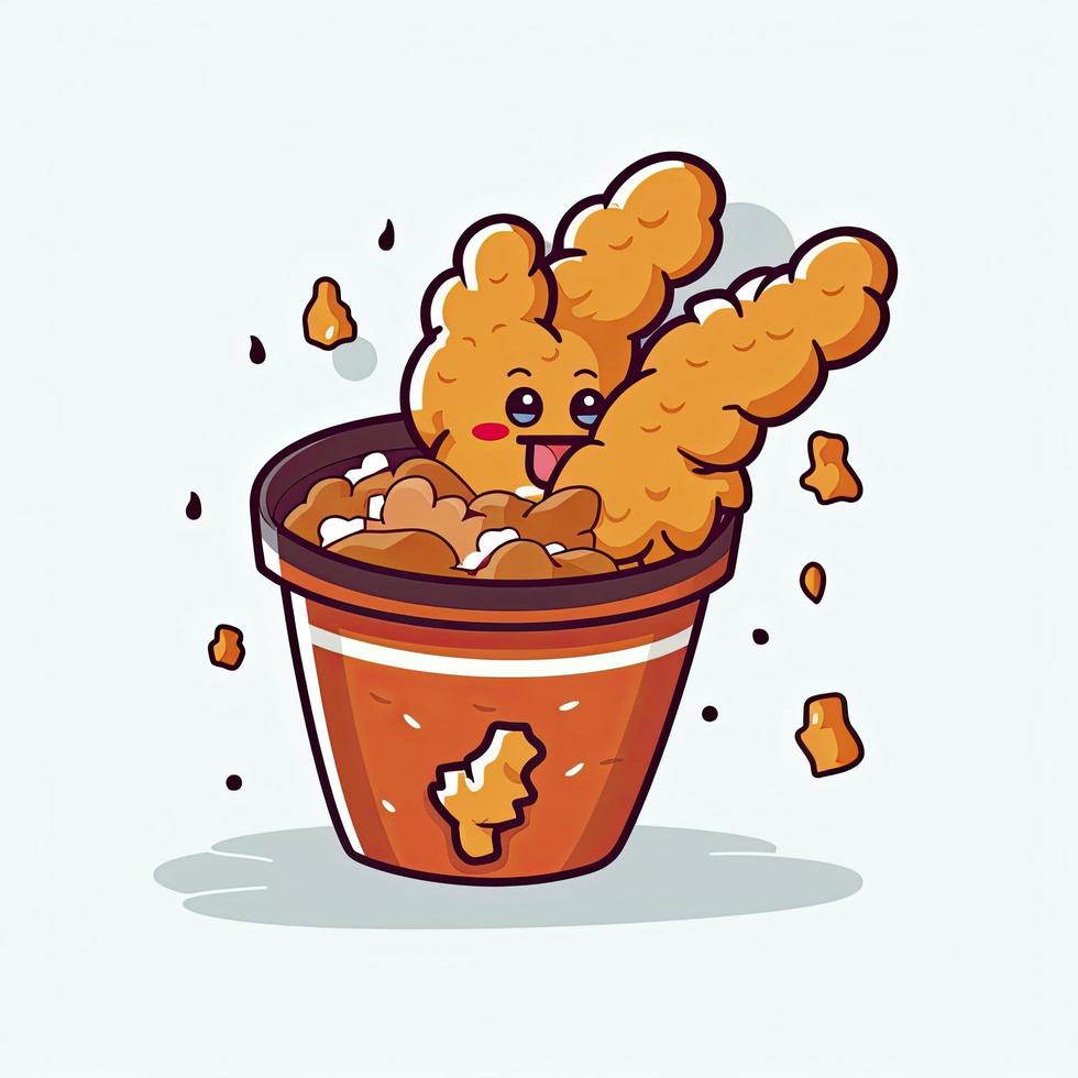Flying fried chicken with bucket cartoon icon illustration, generat ai photo