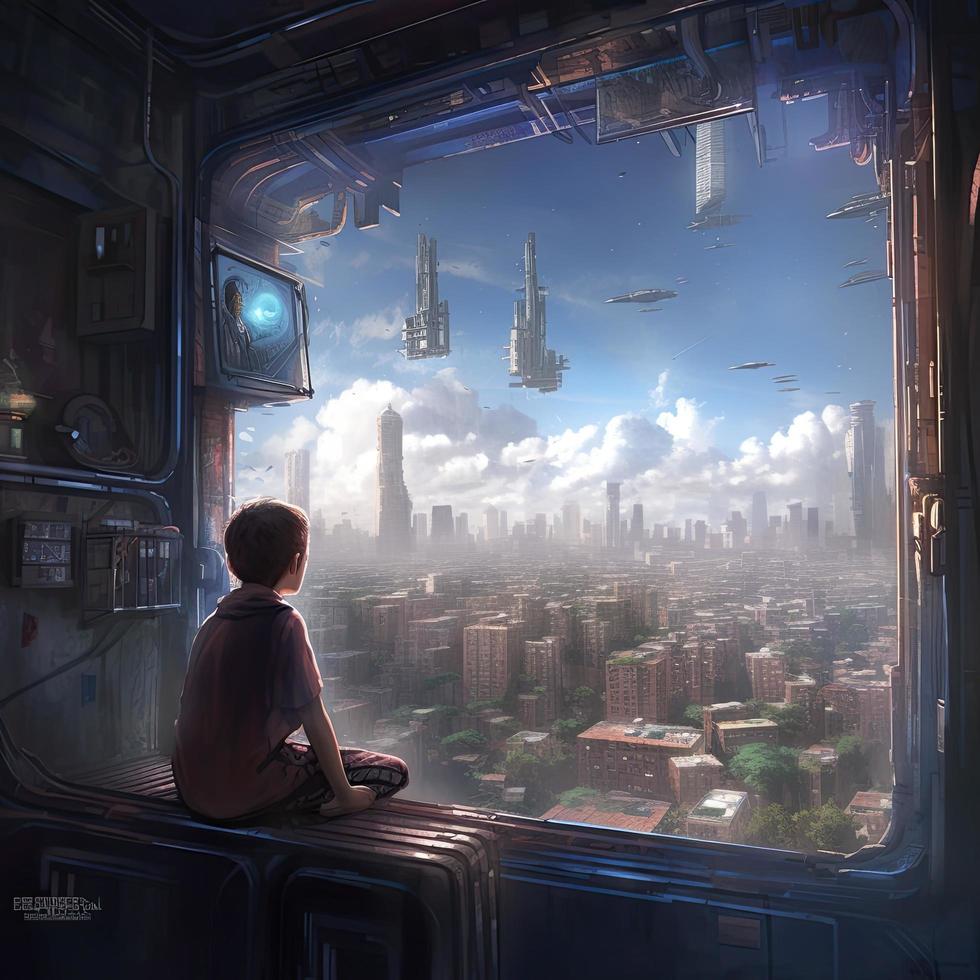 child sitting at apartment window looking outside, mid day sky clouds sci-fi environment, looking into robotic cantilever shipping containers below floating spacecraft cargo god ray lights, generat ai photo