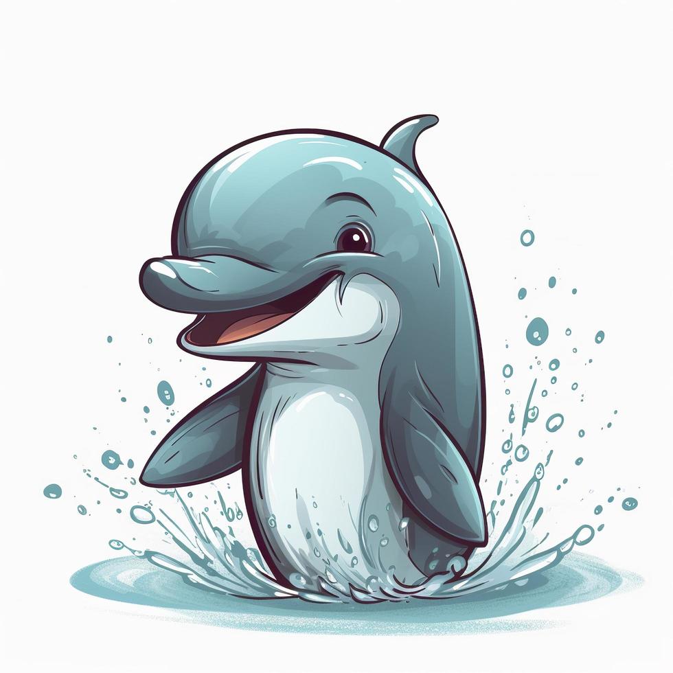 drawn cartoon cute funny dolphin white background, minimalism, generat ai photo