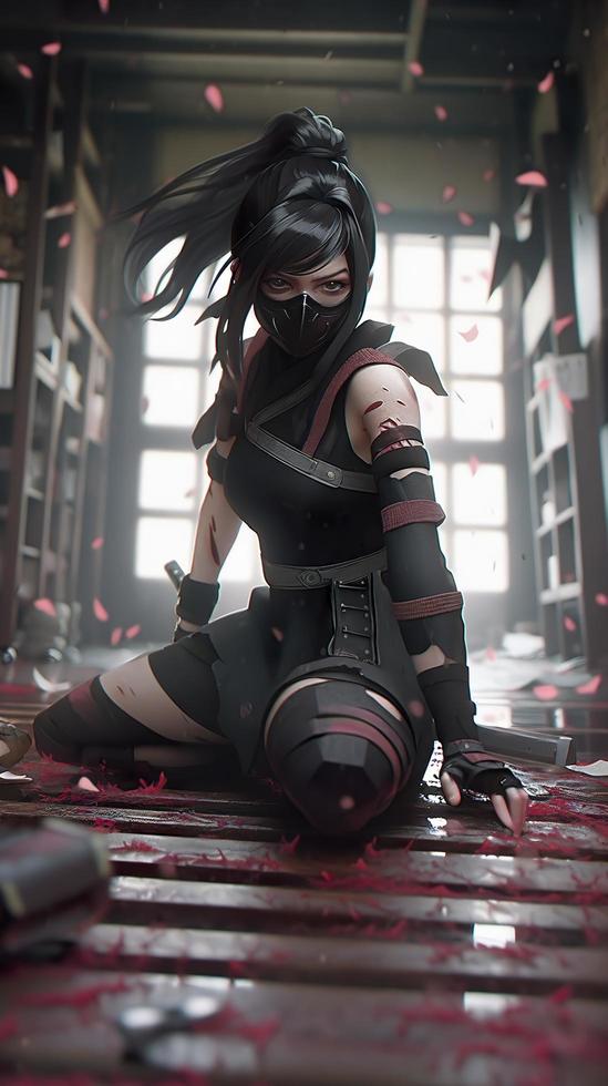 a realistic shot of a beautiful and terrifying female deathstrike posing on floor bloodfilled, generat ai photo