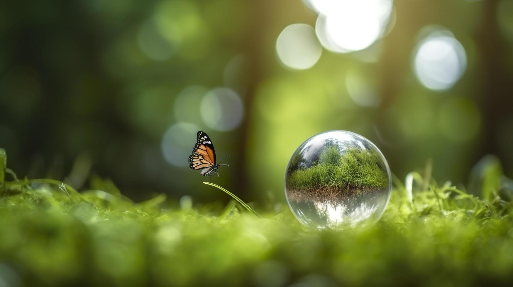 Concept save the world save environment the world is in the grass of the green bokeh background, generat ai photo