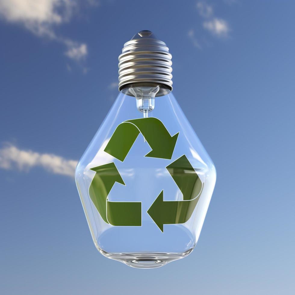 Glass bulb suspended in the air with a blue sky in the background and a green recycling symbol inside it. 3d render, generat ai photo