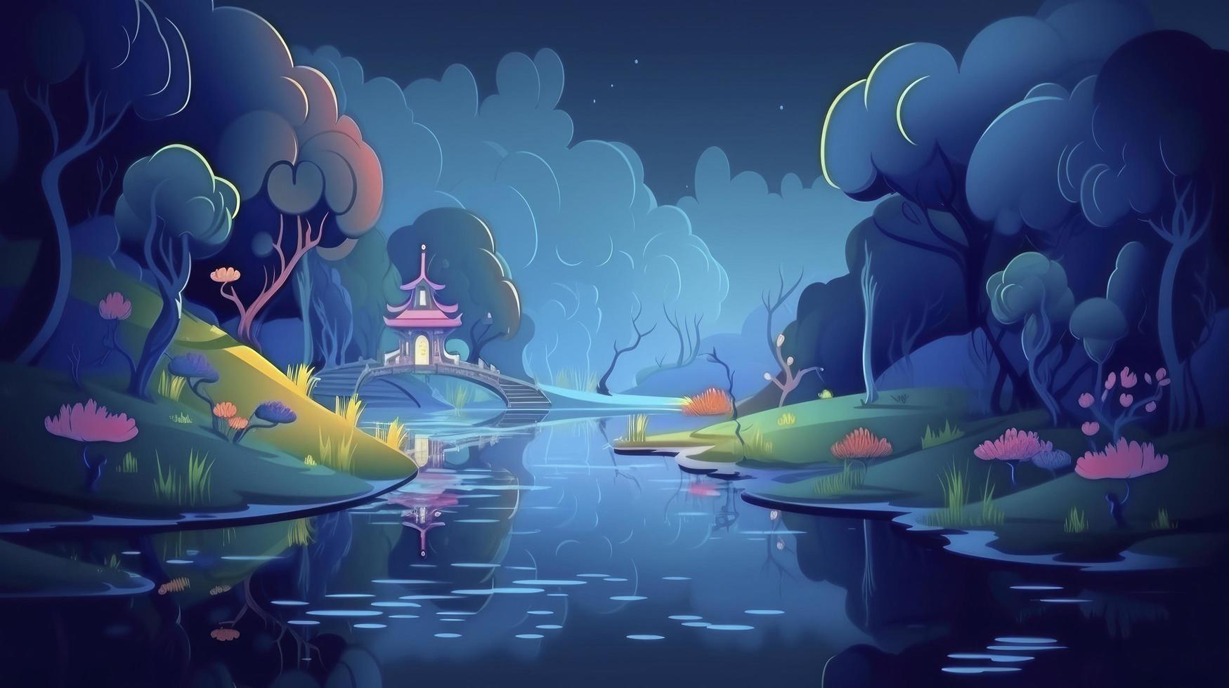 A magical fairytale landscape with a forest lake, enchanted garden, and a mysterious blue background, Generate Ai photo