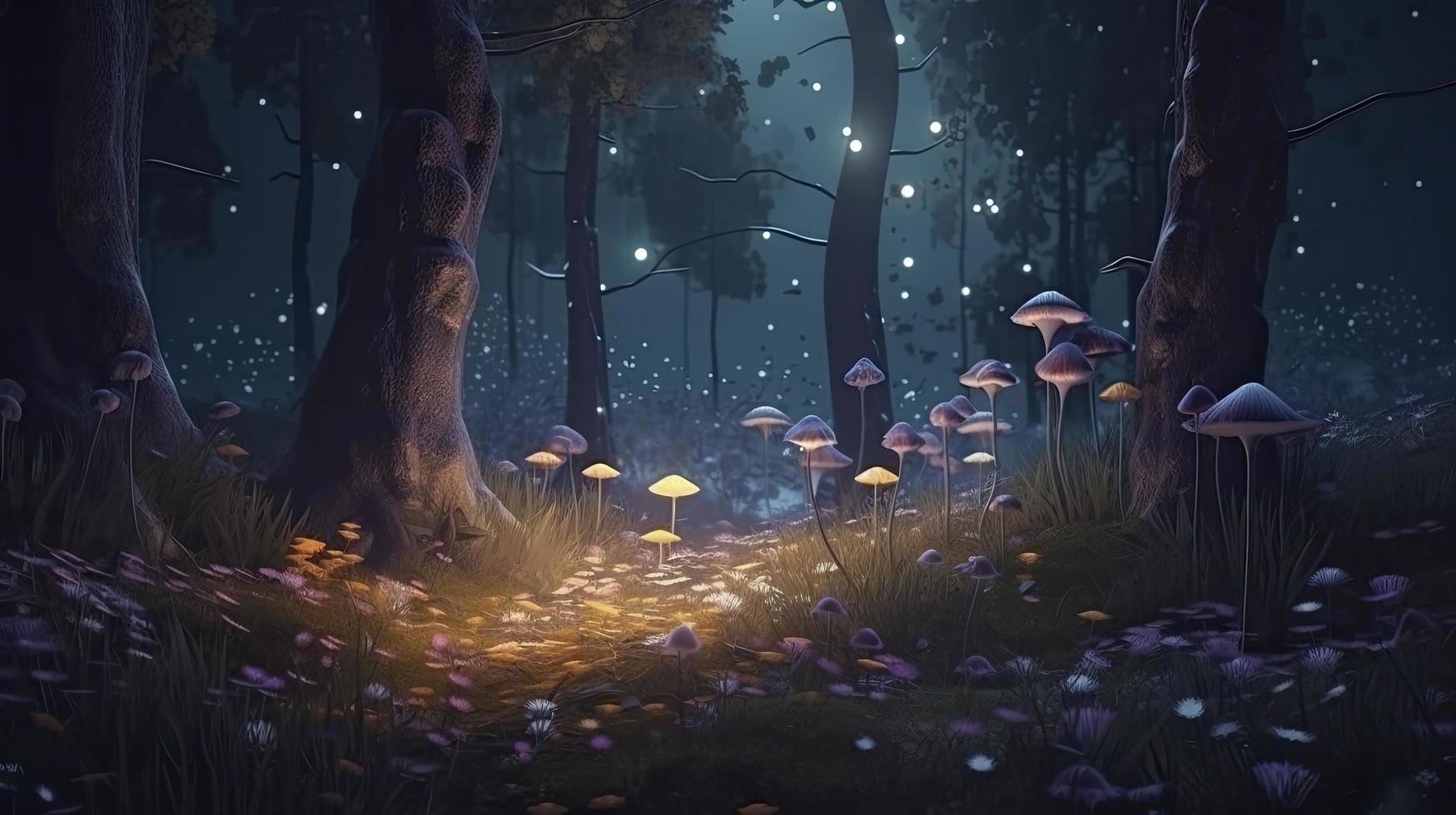 Fantasy forest at night, magic glowing flowers in fairytale wood, Generate Ai photo
