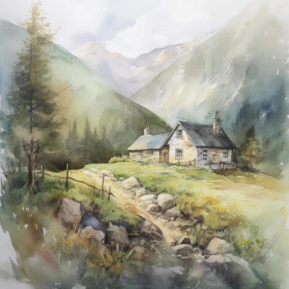 cottage in mountains,  water color, pastel color with white background, generat ai photo