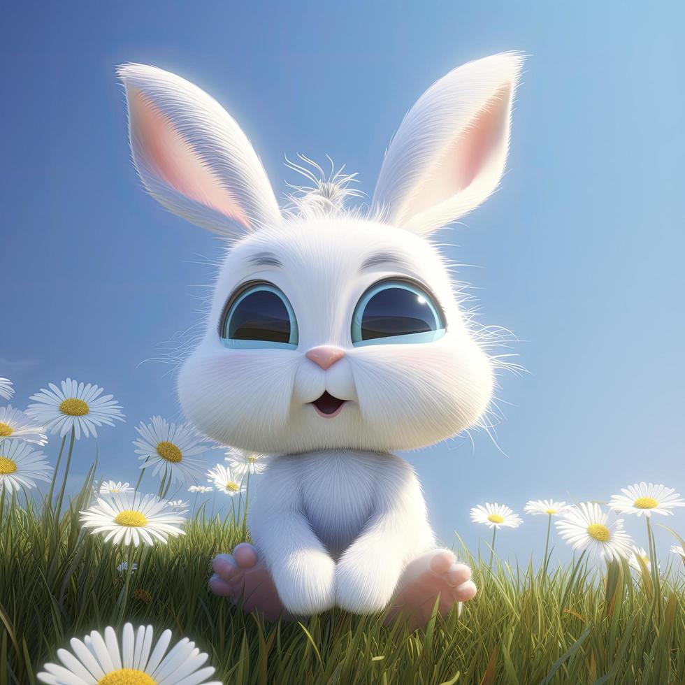 a super cute baby Pixar-style white fairy rabbit, shiny white fluffy, big bright eyes, fluffy tail, smile, fairy tale, generat ai photo