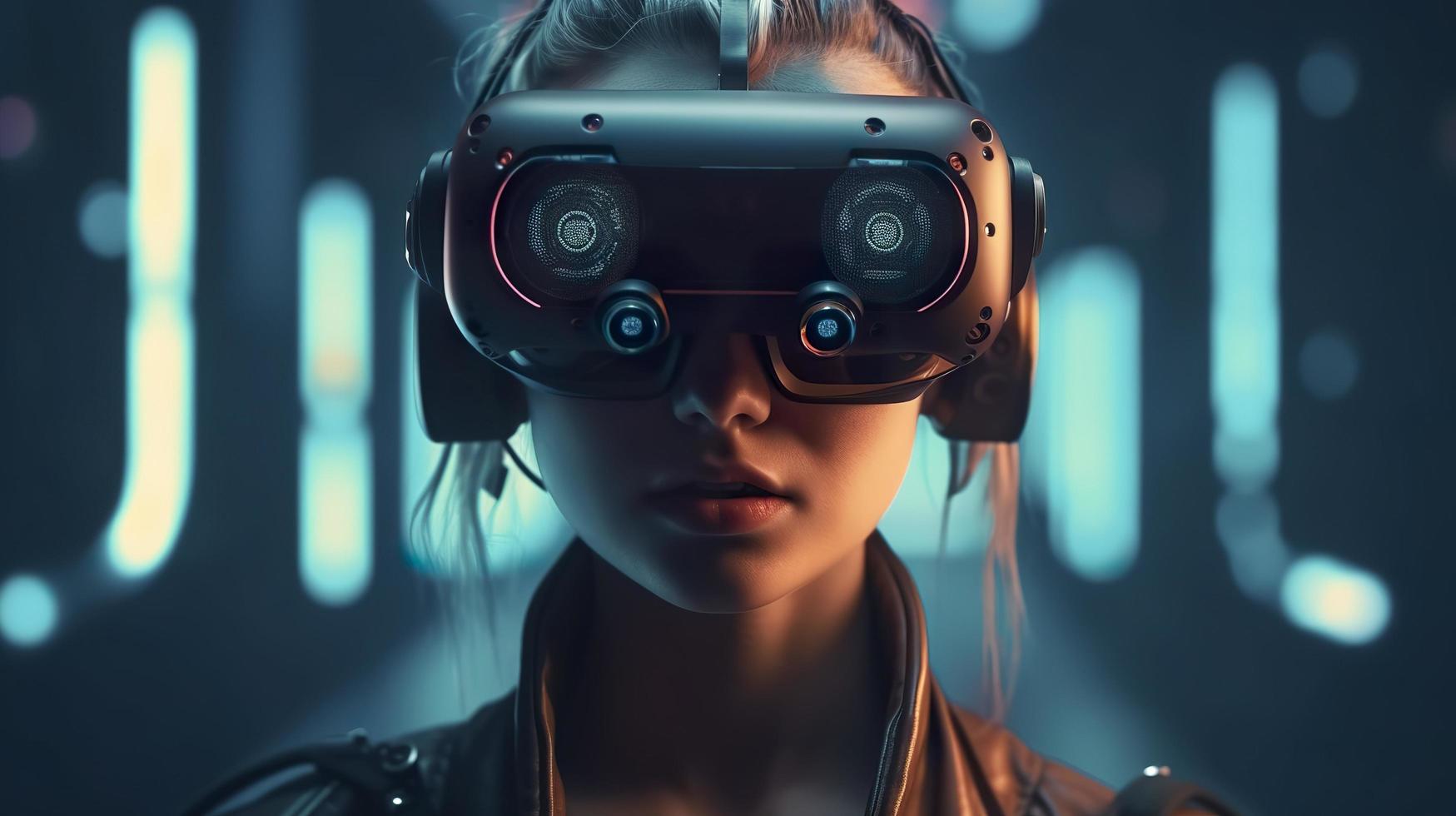 Photo portrait cyberpunk woman on the isolated blurred background cyborg character wearing  virtual reality goggles, generat ai