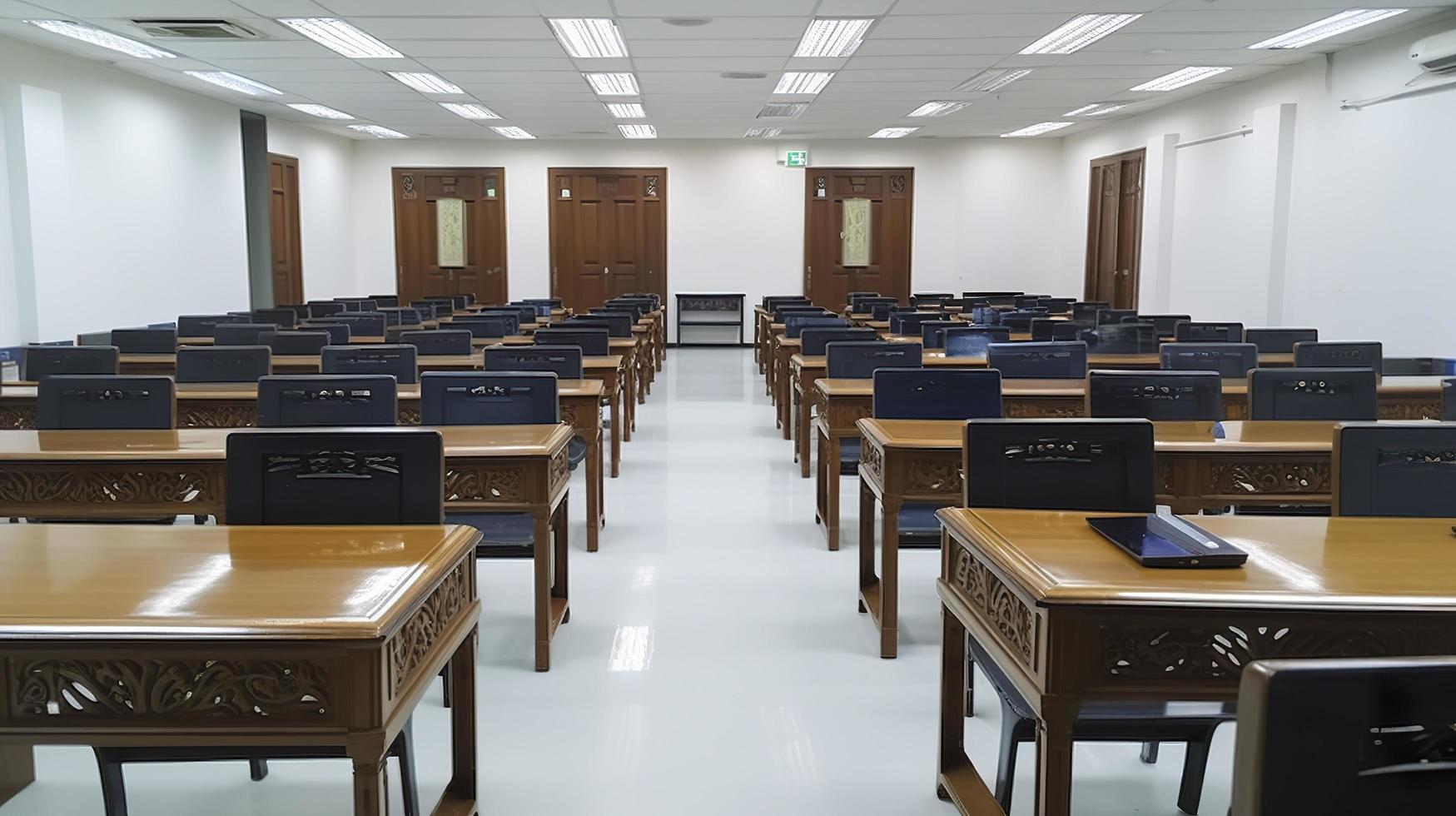 Photo of lecture chairs and tables, generat ai