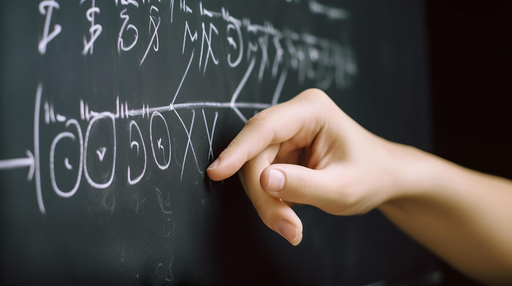 Photo aged math teacher writing formula on chalkboard, generat ai