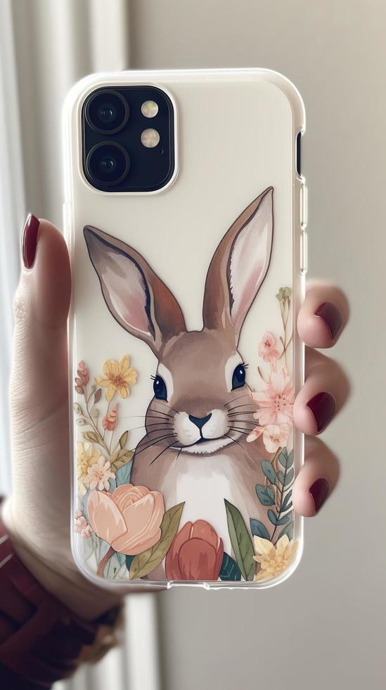 Hand holding an iphone 14 pro max case, a standing rabbit holding a tulip, generat ai photo