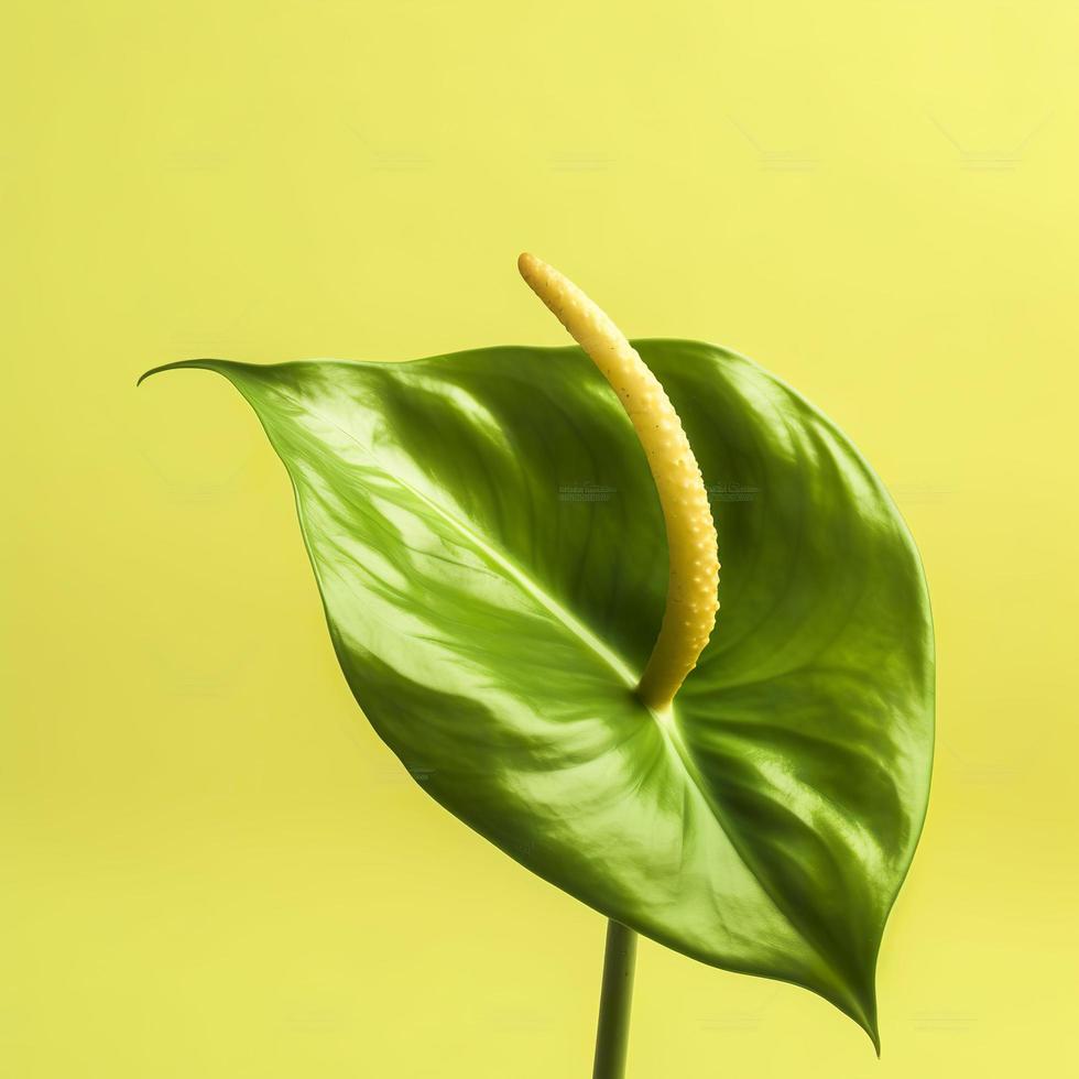 verde anturio flor aislado en un amarillo fondo, generar ai foto