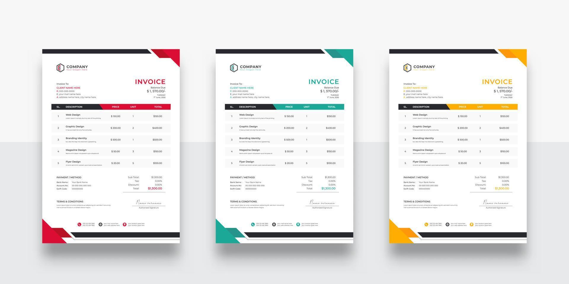 creative and Clean business Invoice design template. Creative invoice template vector. Three-color variation creative invoice template design. Tax form, bill graphic or payment receipt page set vector