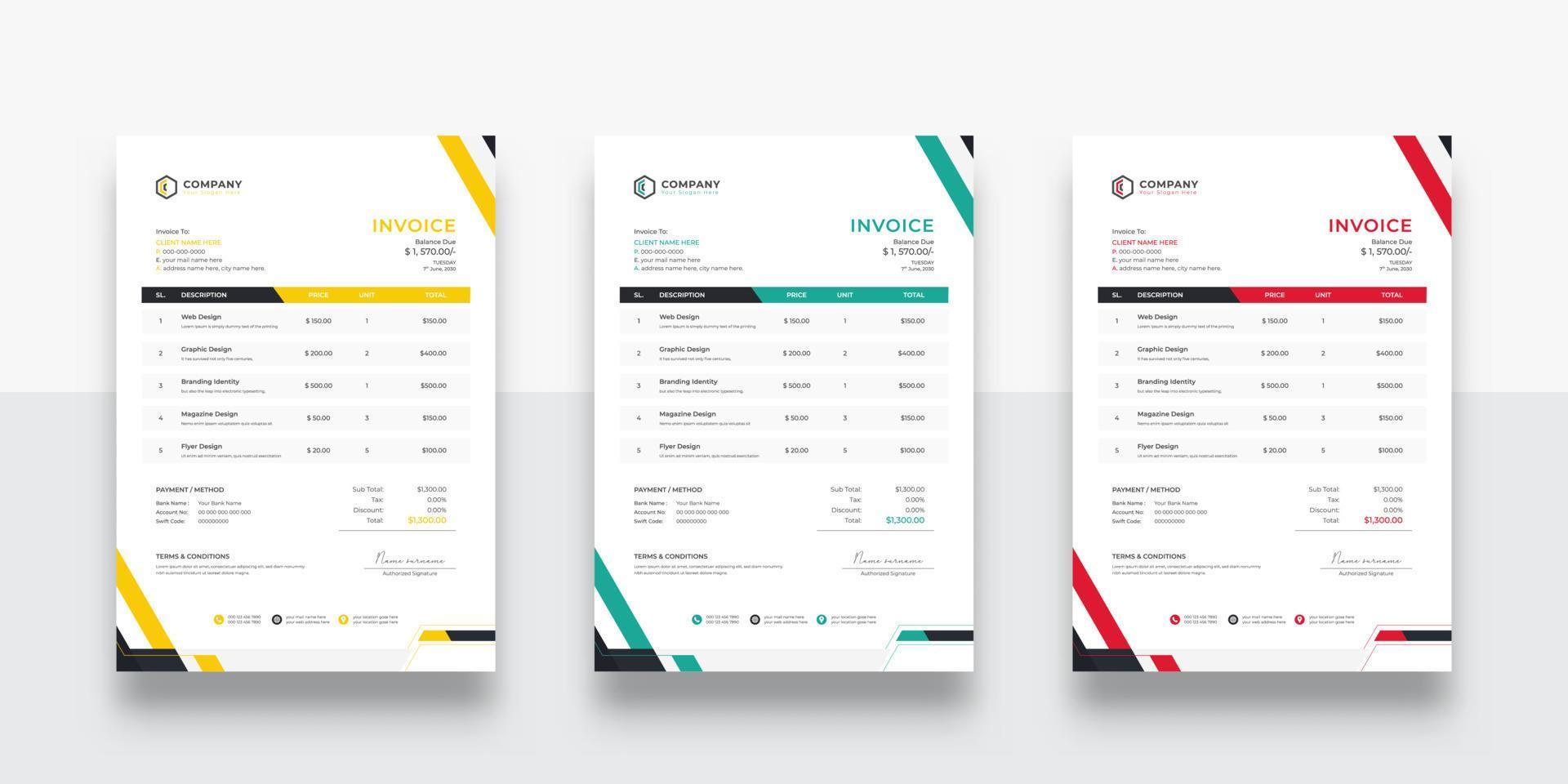 creative and Clean business Invoice design template. Creative invoice template vector. Three-color variation creative invoice template design. vector