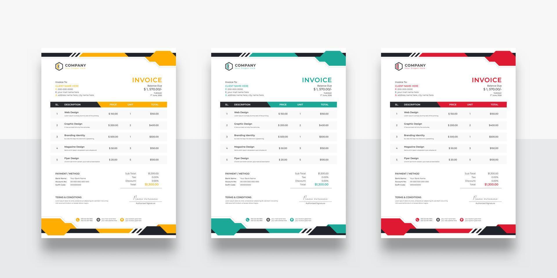 creative and modern  Corporate Business Invoice design template. Creative invoice template vector. Three-color variation creative invoice template design. Tax form, bill graphic or payment receipt vector