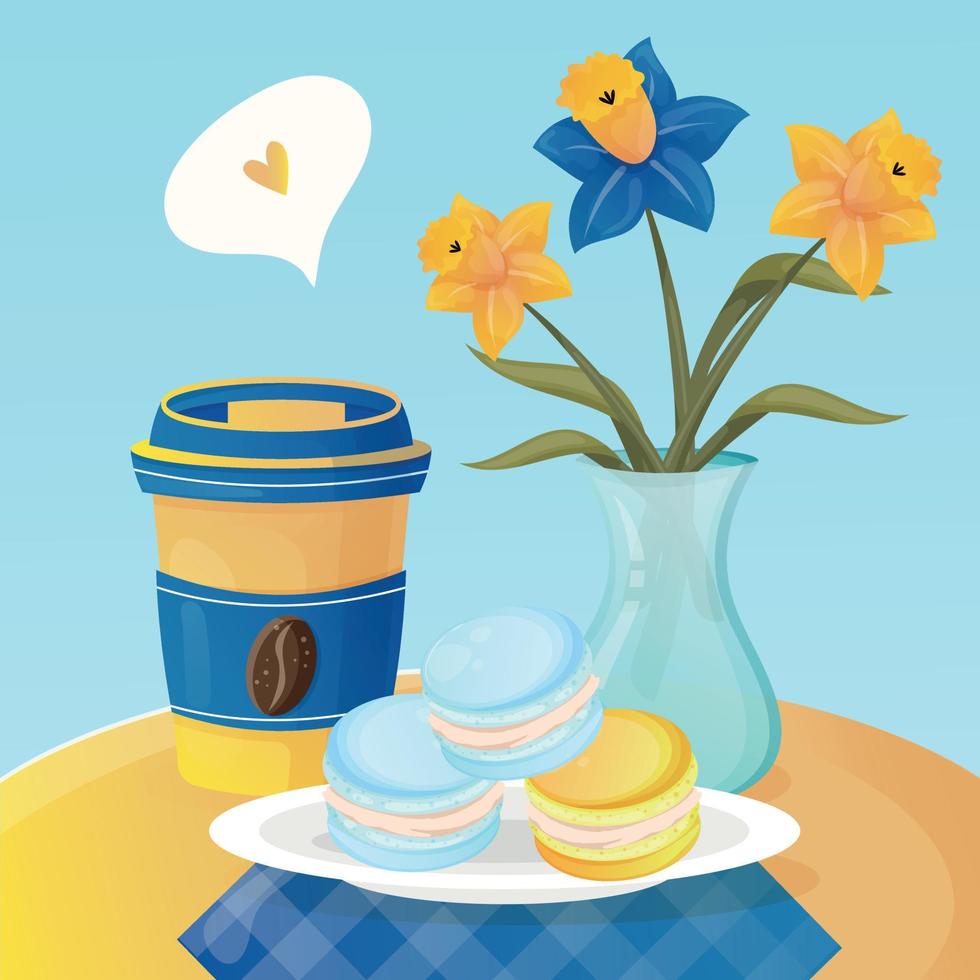 Romantic breakfast with coffee in a paper cup, yellow and blue three macaroons on the plate and daffodils in a vase on a table with blue checkered tablecloth. Patriotic cartoon cute ukrainian postcard vector