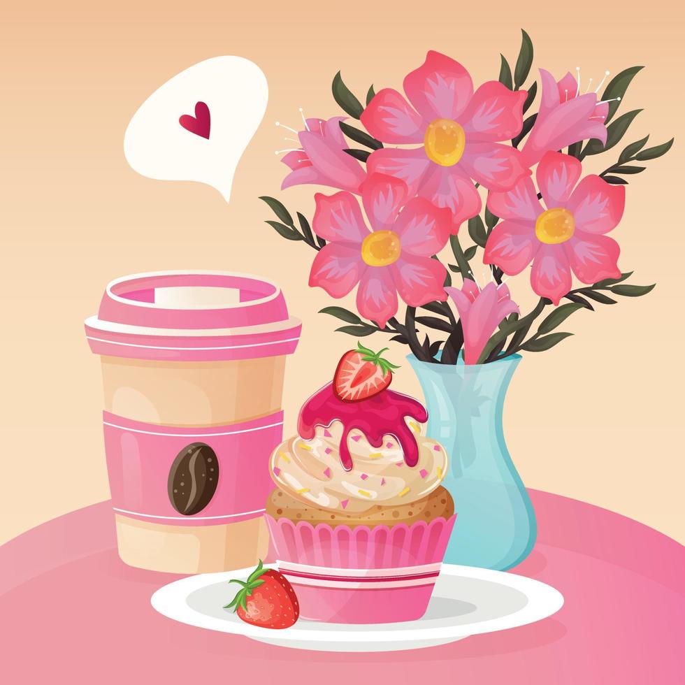 Romantic breakfast with coffee in a paper cup, strawberry muffin with white cream and strawberries on the plate and pink flowers in a vase on a pink table. Cute cartoon postcard with romantic dinner vector