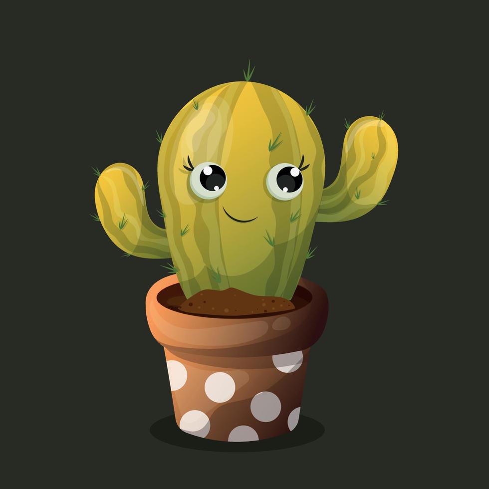 Green cute cartoon cactus in a brown pot with a smile and eyes with black background. Happy plant with thorns in pot. Spring cute card with cactus and plants for flower shop with black background vector