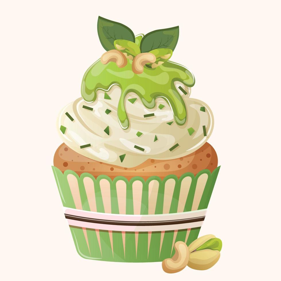 eco verde pistacho magdalena con blanco crema, asperja, verde Adición, nueces y menta hojas. linda dibujos animados sano mollete con anacardo y pistacho. ilustración para confitero o Pastelería tienda vector