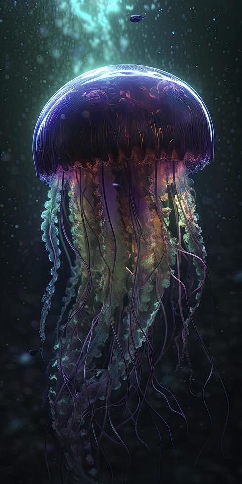 brillante Medusa debajo agua, generar ai foto