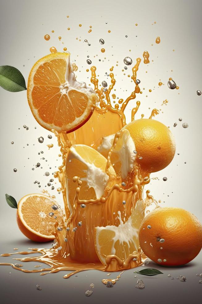Orange and milk poster, several oranges, splashes of milk, Generate Ai photo