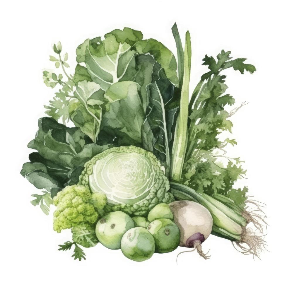 fresh green vegetables watercolor no  white background, Generate Ai photo