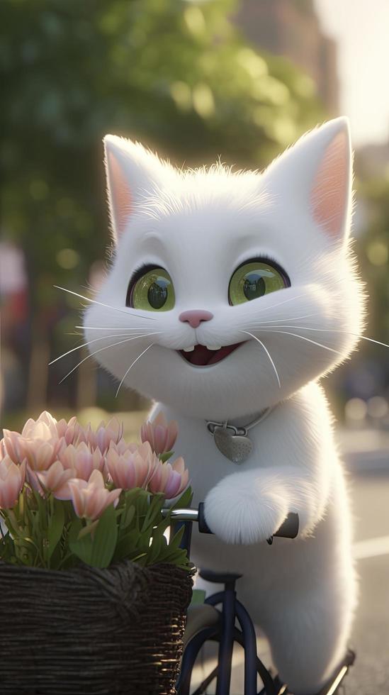 super cute adorable fluffy white kitty smiles happily, rides a bicycle with a flower basket to send flowers, bright big eyes, cute smile, generat ai photo