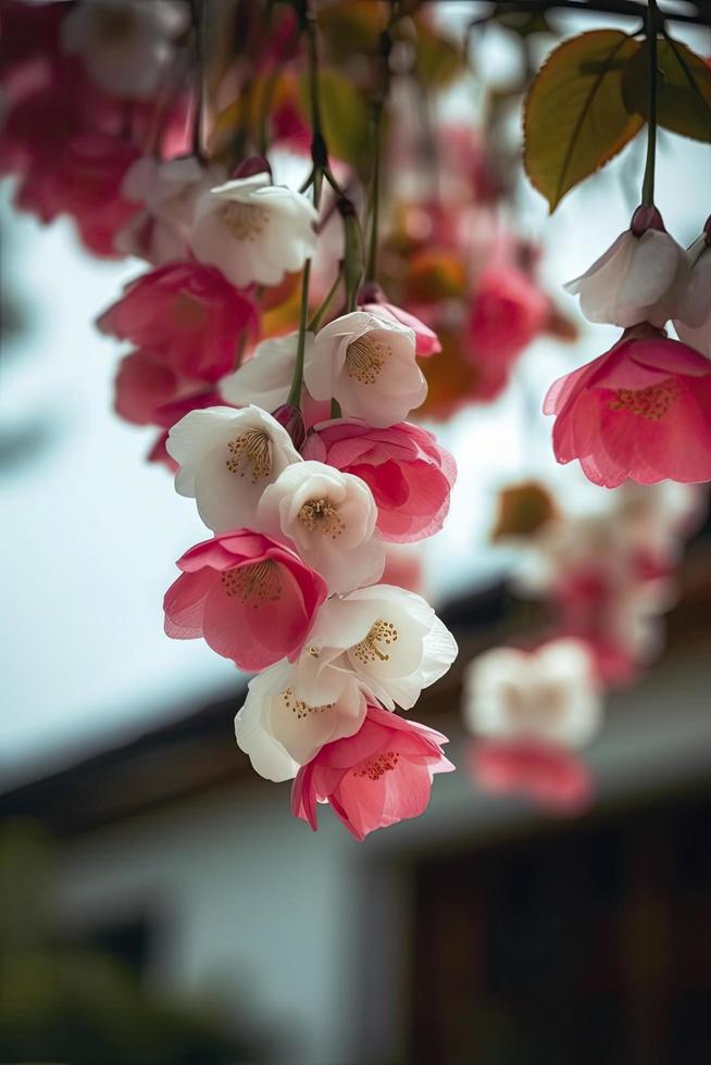 primavera, súper real muchos rosado y blanco seda manzana flores colgando en el estante, rosado y blanco pétalos, azul cielo, generar ai foto