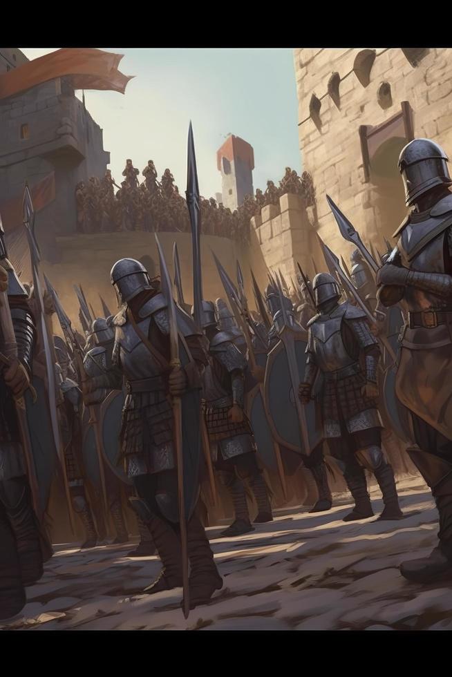 Generate a 2D image of a medieval army in formation with soldiers standing in neat rows and columns. The scene should be set during the day with bright natural lighting, generat ai photo