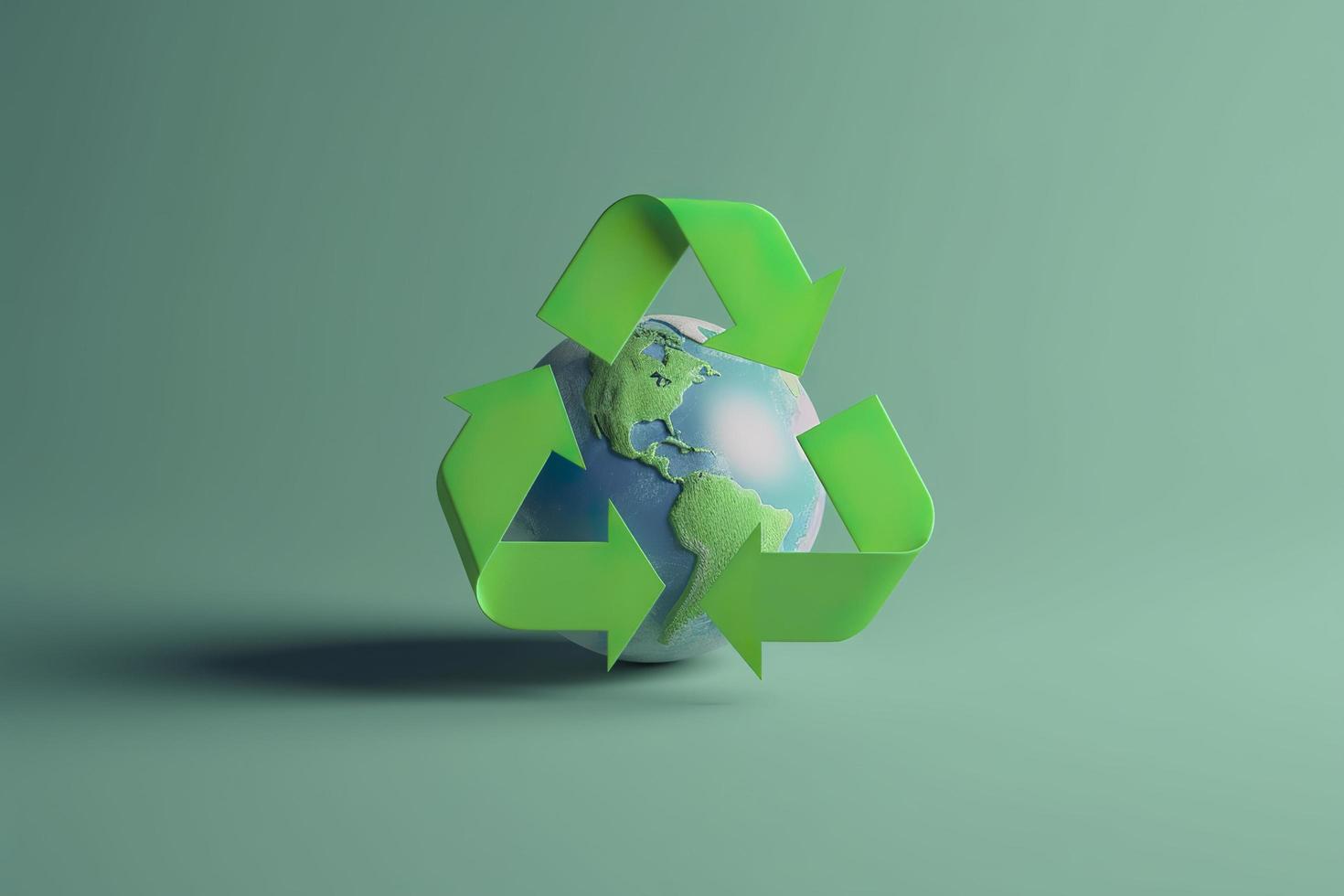 3d rendering green recycle sign with globe on background save the world and environment concept, generat ai photo