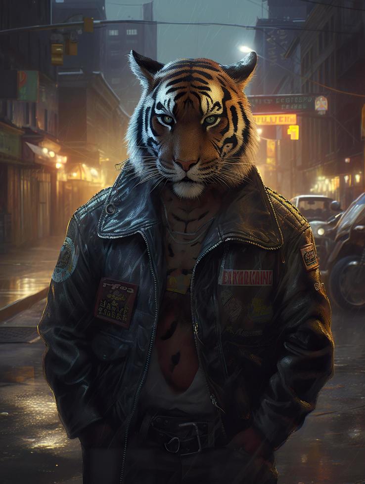 un gordito pero fuerte Tigre vivo en el cyberpunk ciudad, Tigre cabeza, vistiendo un grande cuero chaqueta, espeluznante, lleno cuerpo, gruñón rostro, realista petróleo cuadro, generar ai foto