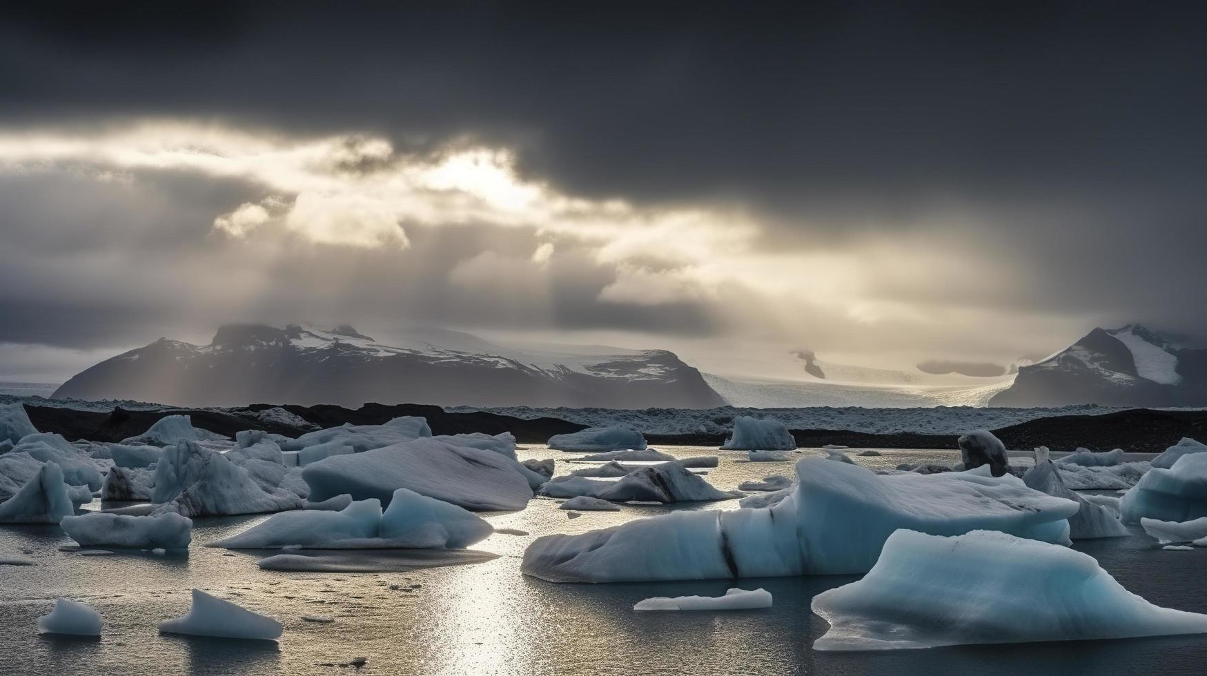 Free photo beautiful jokulsarlon glacier lagoon in iceland, with sun beams from a dark cloudy sky, generat ai