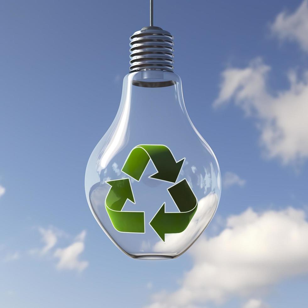Glass bulb suspended in the air with a blue sky in the background and a green recycling symbol inside it. 3d render, generat ai photo