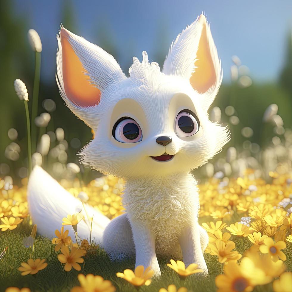 a super cute baby Pixar-style fairy fox , shiny white fluffy, big bright eyes, fluffy tail, smile, fairy tale, surfing, generat ai photo