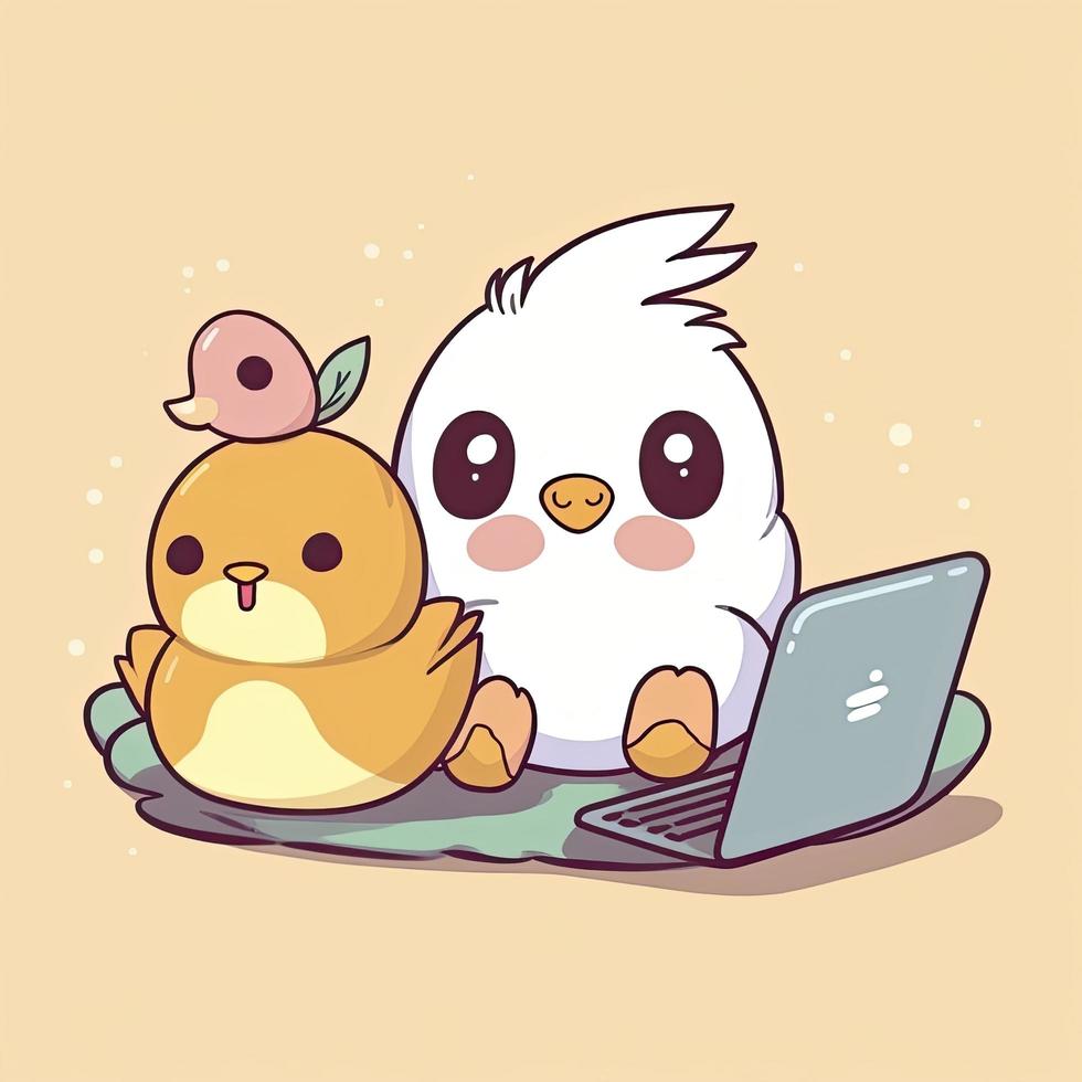 cute rabbit with duck working on laptop cartoon illustration, kawaii style, generat ai photo