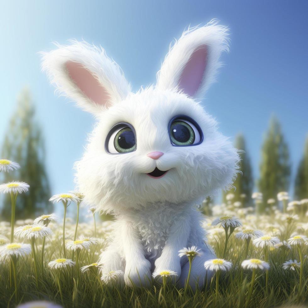 a super cute baby Pixar-style white fairy rabbit, shiny white fluffy, big bright eyes, fluffy tail, smile, fairy tale, generat ai photo
