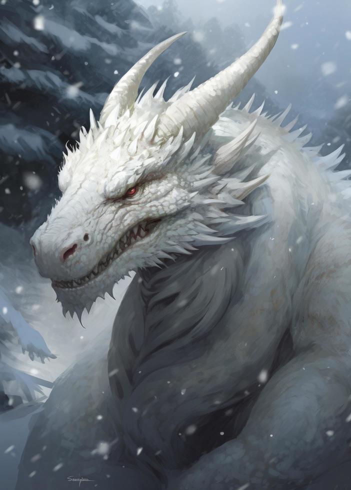 a white dragon walking in the snow, in the style of otherworldly illustrations, gigantic scale, eerily realistic, anime-inspired characters, weathercore, enigmatic portraits, spiky mounds, generat ai photo
