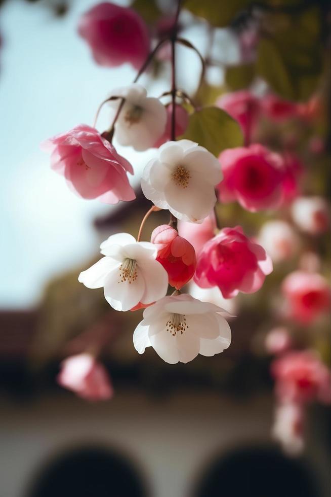 primavera, súper real muchos rosado y blanco seda manzana flores colgando en el estante, rosado y blanco pétalos, azul cielo, generar ai foto