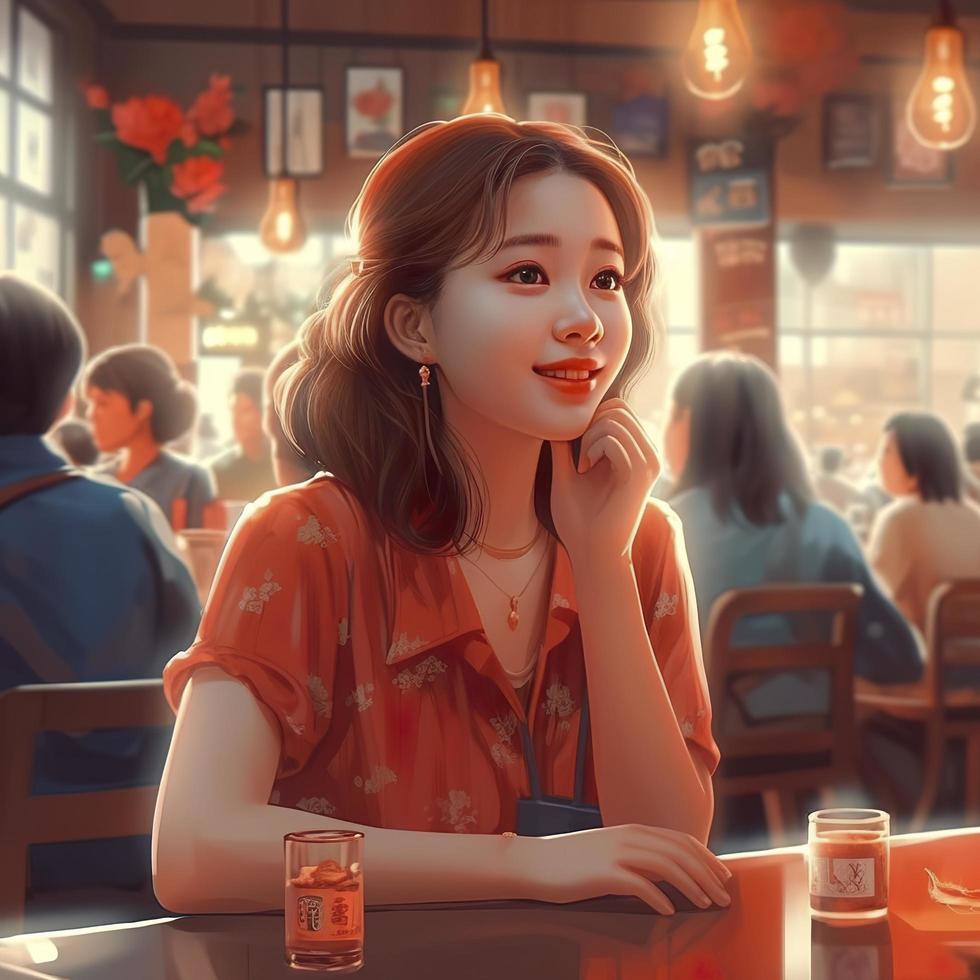 a young woman is sitting at a restaurant table, in the style of snapshot aesthetic, gongbi, light red and light brown, generat ai photo